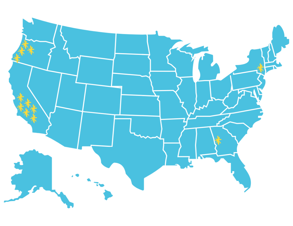 Map of the United States with yellow stars indicating where all 12 PATHfinder Clubs are located.